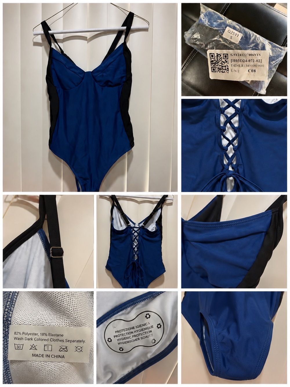 Blue and Black Lace-Up One-Piece Swimsuit